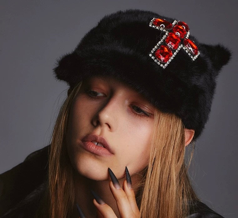 Black fluffy Cat's Ears Baseball Cap