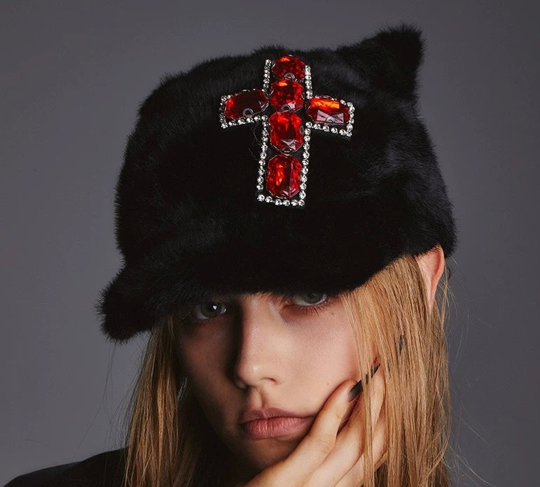 Black fluffy Cat's Ears Baseball Cap